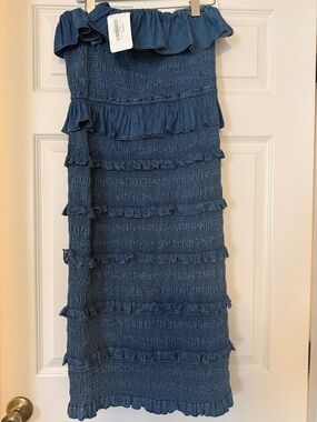 Cleobella Strapless Ruffled Smocked Midi Dress in Denim Blue